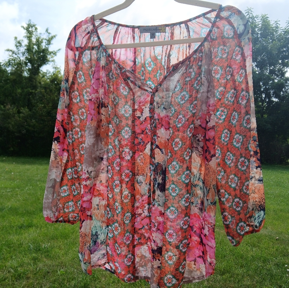 Anthropologie Figueroa & Flower Flowy Floral Chiffon Blouse Tunic Top Medium
